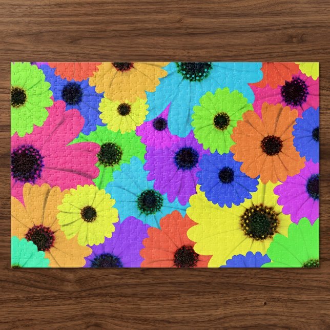 Colourful Psychedelic Daisy Floral Pattern Jigsaw Puzzle (Colorful Psychedelic Daisy Floral Pattern. Jigsaw Puzzle)