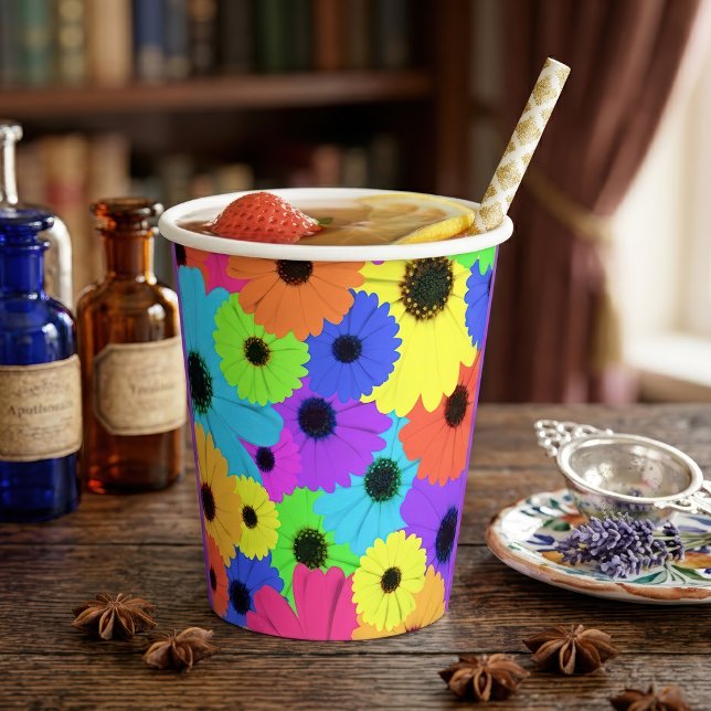 Colourful Psychedelic Daisy Floral Pattern Paper Cups (Colorful Psychedelic Daisy Floral Pattern. Paper Cups)
