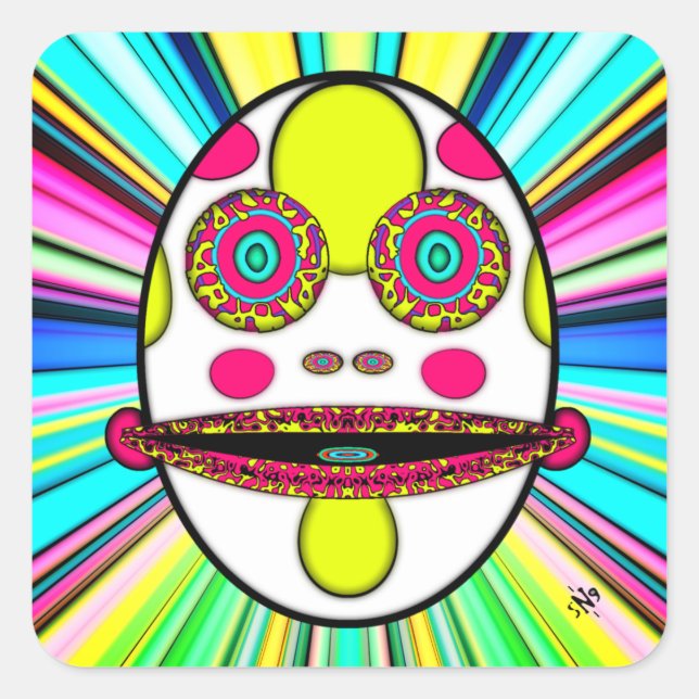 Colourful psychedelic egg face v1 square sticker (Front)