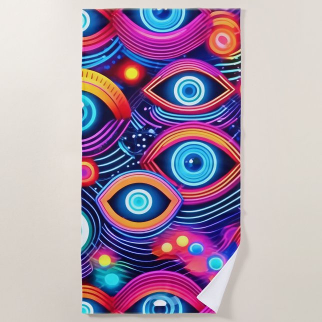 Colourful Psychedelic Eye Pattern Beach Towel (Front)