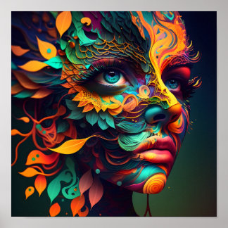 Colourful Psychedelic Female Face AI Generated art Poster