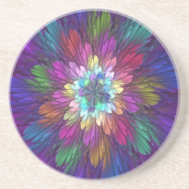Colourful Psychedelic Flower Abstract Fractal Art Coaster (Front)