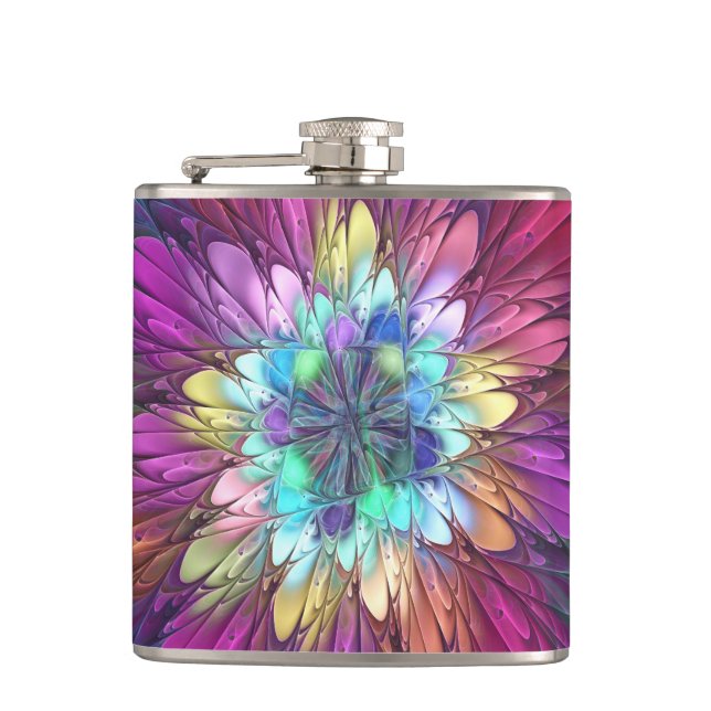 Colourful Psychedelic Flower Abstract Fractal Art Hip Flask (Front)