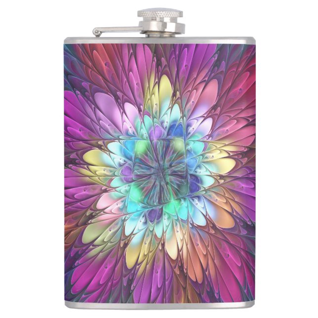 Colourful Psychedelic Flower Abstract Fractal Art Hip Flask (Front)