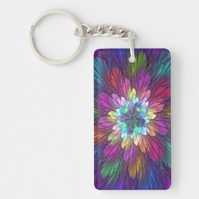 Colourful Psychedelic Flower Abstract Fractal Art Key Ring (Front)