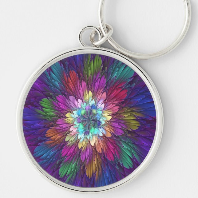 Colourful Psychedelic Flower Abstract Fractal Art Key Ring (Front)