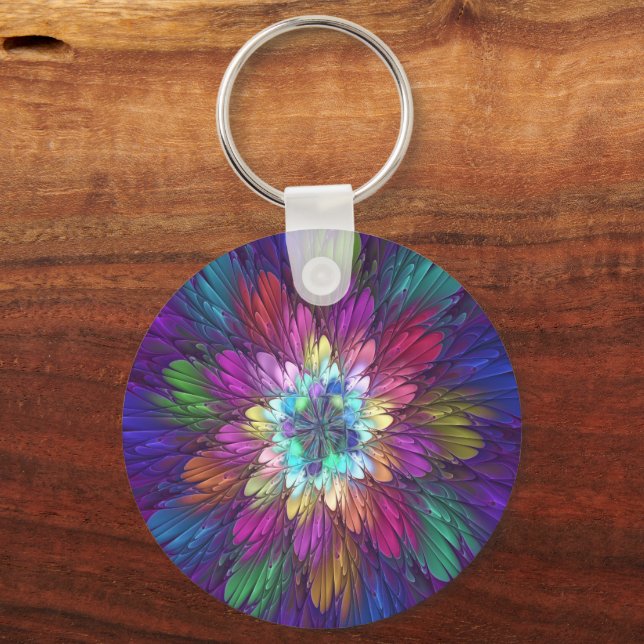 Colourful Psychedelic Flower Abstract Fractal Art Key Ring (Front)