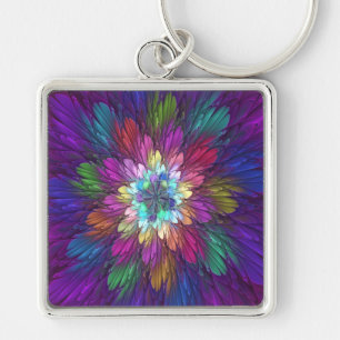 Colourful Psychedelic Flower Abstract Fractal Art Key Ring