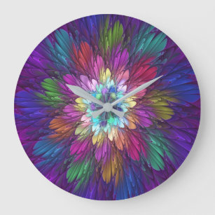 Colourful Psychedelic Flower Abstract Fractal Art Large Clock