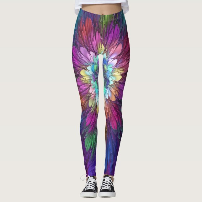 Colourful Psychedelic Flower Abstract Fractal Art Leggings (Front)