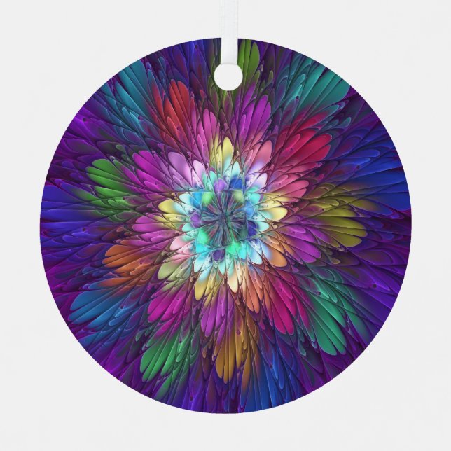 Colourful Psychedelic Flower Abstract Fractal Art Metal Tree Decoration (Front)