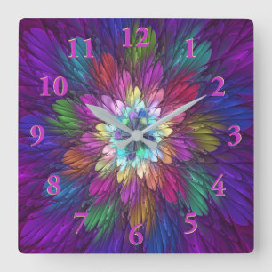 Colourful Psychedelic Flower Abstract Fractal Art Square Wall Clock