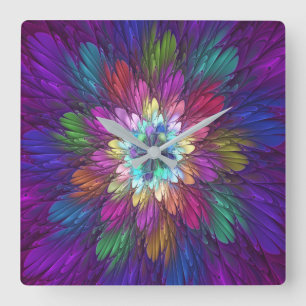 Colourful Psychedelic Flower Abstract Fractal Art Square Wall Clock