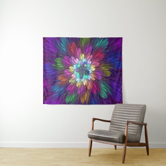 Colourful Psychedelic Flower Abstract Fractal Art Tapestry (In Situ (Horizontal))