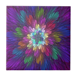 Colourful Psychedelic Flower Abstract Fractal Art Tile