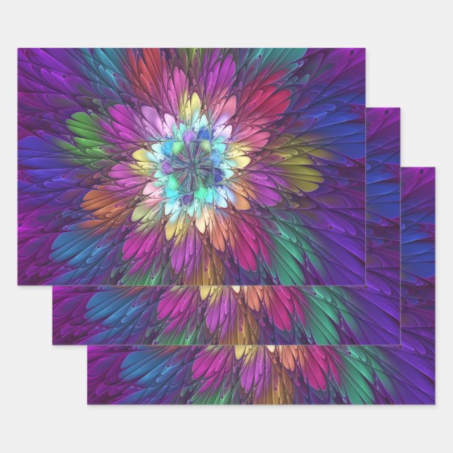 Colourful Psychedelic Flower Abstract Fractal Art Wrapping Paper Sheet (Set)