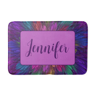 Colourful Psychedelic Flower Abstract Fractal Name Bath Mat