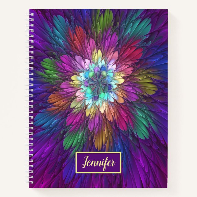 Colourful Psychedelic Flower Abstract Fractal Name Notebook (Front)