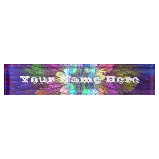 Colourful Psychedelic Flower Abstract Fractal Text Nameplate (Front)