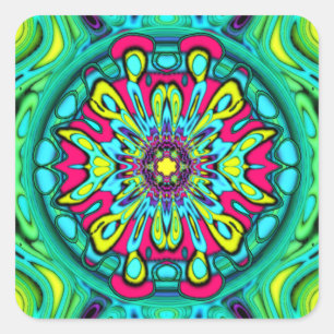 Colourful psychedelic flower abstract pattern v1 square sticker