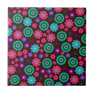 Colourful Psychedelic Funky Flower Pattern Tile