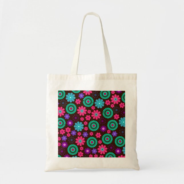 Colourful Psychedelic Funky Flower Pattern Tote Bag (Front)