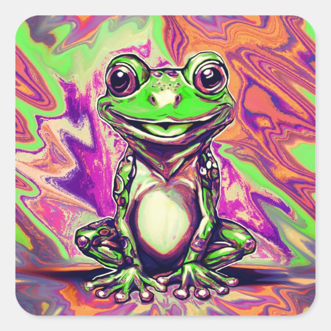 Colourful Psychedelic Graffiti Frog Green Purple Square Sticker (Front)