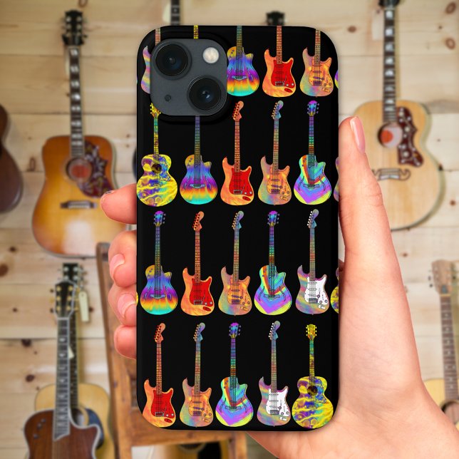 Colourful Psychedelic Guitar Pattern on Black Case-Mate iPhone Case (Colorful psychedelic guitar pattern on black phone case)
