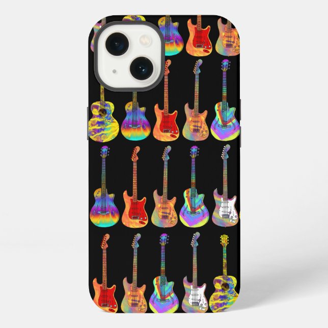 Colourful Psychedelic Guitar Pattern on Black iPhone Case (Back)