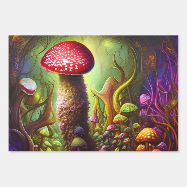 Colourful Psychedelic Mushroom Mystical Forest Wrapping Paper Sheet (Front)