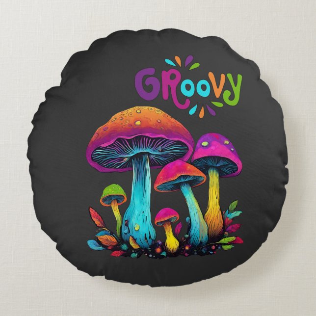 Colourful Psychedelic Mushrooms Round Cushion (Front)