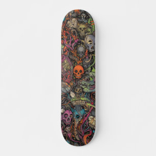 Colourful psychedelic skulls skateboard
