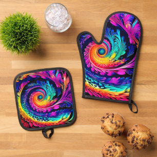 Colourful Psychedelic Spiral Art Oven Mitt & Pot Holder Set