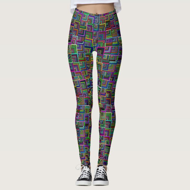 Colourful & Psychedelic Squares on Black Leggings (Front)