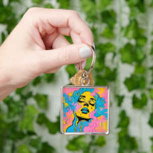 Colourful Psychedelic Woman Portrait Pop Art Key Ring
