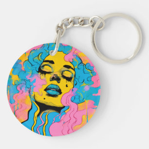 Colourful Psychedelic Woman Portrait Pop Art Print Key Ring