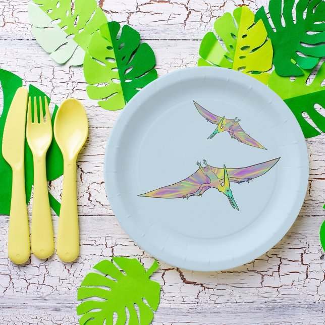 Colourful Pterodactyl Funny Cute Dinosaur Art Paper Plate (Dinosaurs flying colorful pterodactyl watercolor party paper plates)