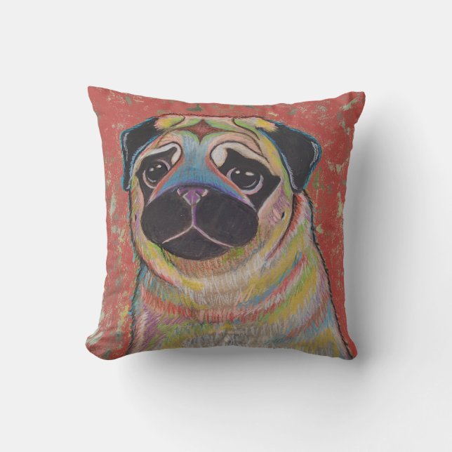 Colourful Pug on red background Cushion (Front)