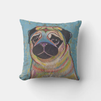 Colourful Pug pillow on blue bavkground