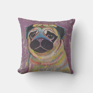 Colourful Pug pillow on purple background