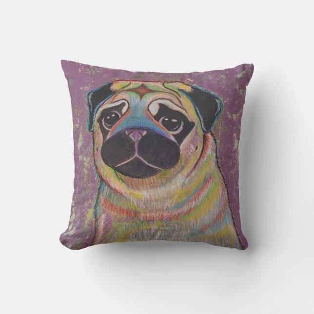 Colourful Pug pillow on purple background (Front)