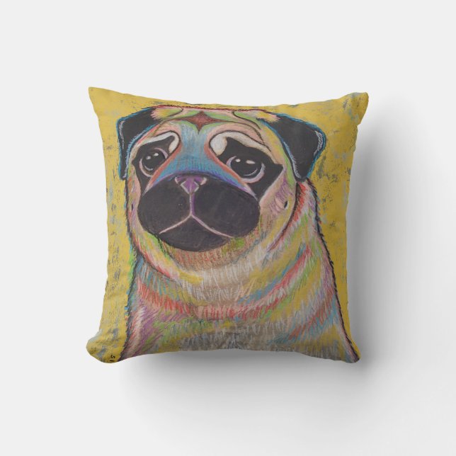 Colourful Pug pillow on yellow background (Front)