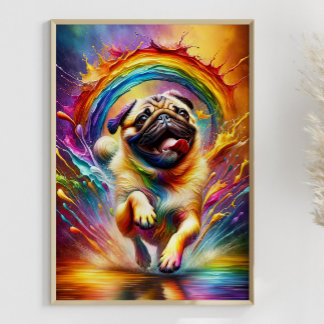 Colourful Pug Rainbow Splatter Art for Pug Lover Poster