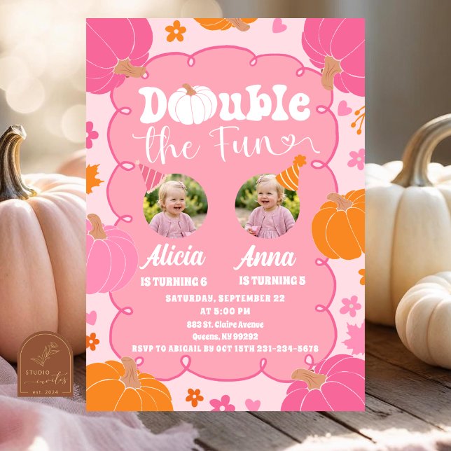 Colourful Pumpkin Double the Fun Sibling Birthday Invitation (Creator Uploaded)