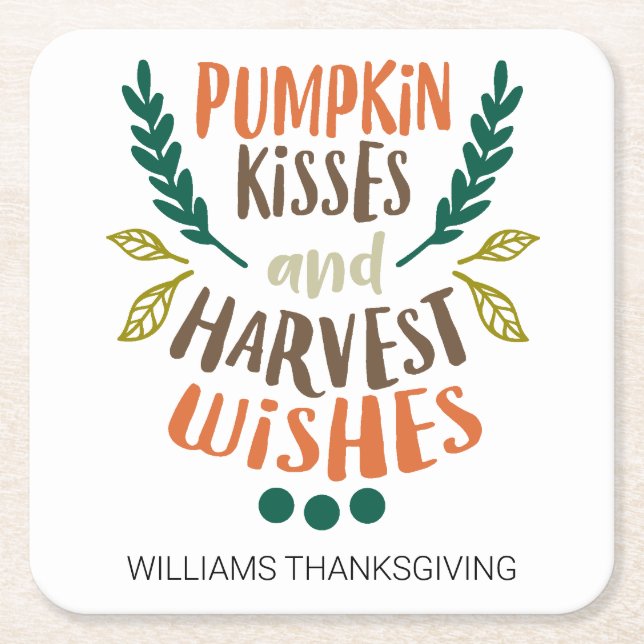 Colourful Pumpkin Kisses Personalised Thanksgiving Square Paper Coaster (Front)