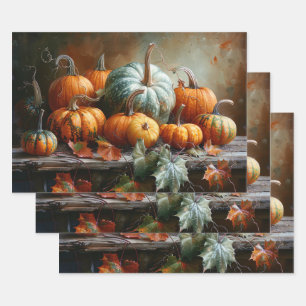 Colourful Pumpkins and Leaves Vintage Decoupage Wrapping Paper Sheet