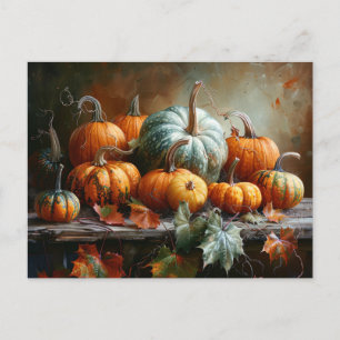 Colourful Pumpkins and Leaves Vintage Postcard