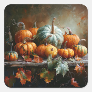 Colourful Pumpkins and Leaves Vintage Square Sticker