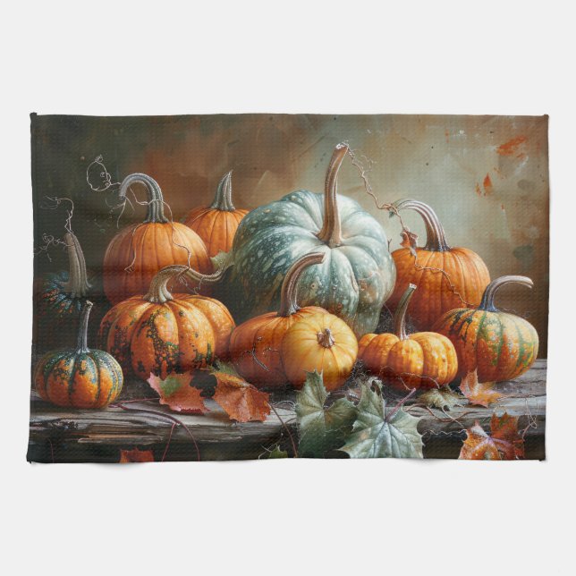 Colourful Pumpkins and Leaves Vintage Tea Towel (Horizontal)