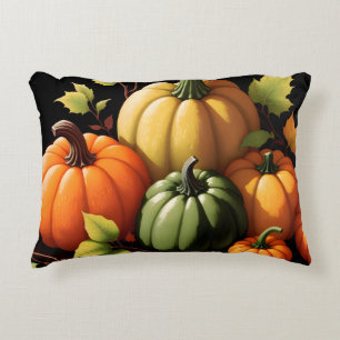 Colourful Pumpkins Black Background Decorative Cushion